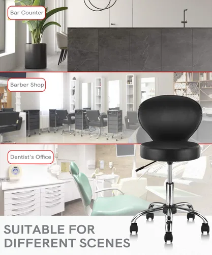 Miniatura 8 de KLASIKA Taburete giratorio ajustable con respaldo y ruedas, silla de escritorio de oficina multiusos, cojín de asiento grueso para el hogar, bar