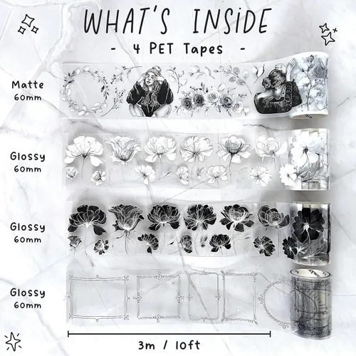 Miniatura 4 de Fayware 4 Cintas de PET para Álbum de Recortes y Diarios - Suministros de Diario Basura en Blanco y Negro para Proyectos de Manualidades y Artes DIY