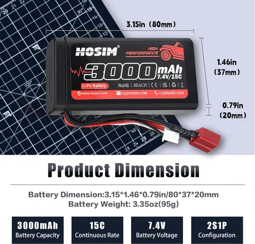 Miniatura 4 de Hosim 2 baterías Lipo RC Lipo de 7.4 V 15C 3000 mAh con 2 cargadores USB y 1 correa de batería para control remoto de coche RC sin escobillas