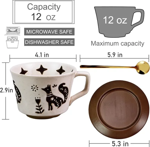 Miniatura 3 de Taza de café de cerámica vintage Taza de té de café de cerámica gruesa con platillo y cuchara de madera, taza de té y platillo de 12 onzas
