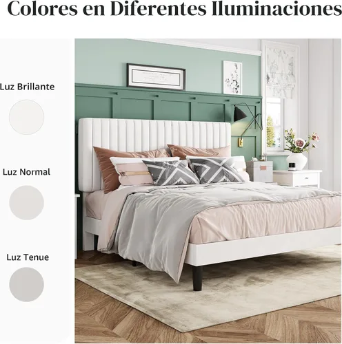 Miniatura 8 de Allewie Base de cama tamaño matrimonial, cama de plataforma tapizada de terciopelo con cabecera capitoné de canal vertical ajustable, base de Blanco