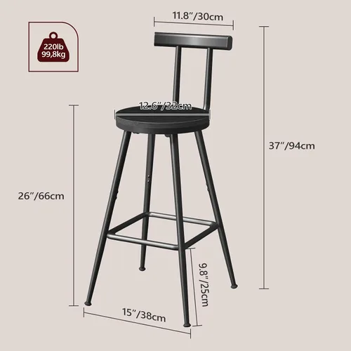 Miniatura 3 de MAHANCRIS Taburetes de bar, juego de 2 sillas de bar con respaldo y reposapiés, taburetes de mostrador de 26 pulgadas de alto, marco de metal, pies