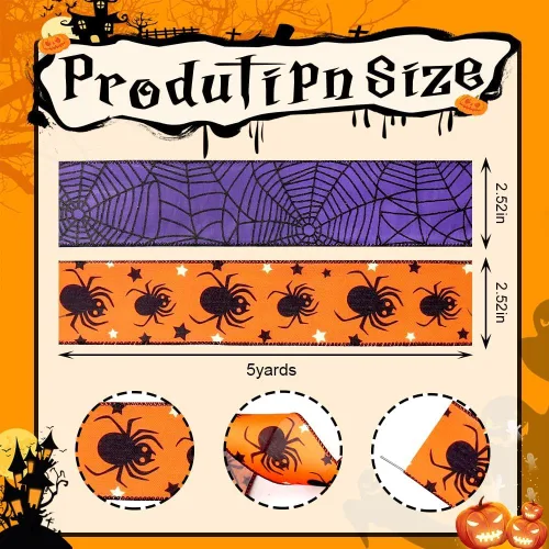 Miniatura 2 de Hying Cintas de araña de Halloween – Cintas de arpillera de arpillera púrpura y naranja para lazos de corona, envoltura de regalos y decoraciones