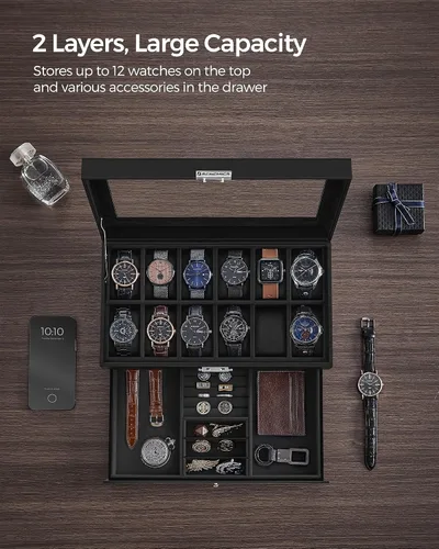 Miniatura 82 de SONGMICS UJWB012 - Caja de reloj de 12 ranuras, caja de reloj con cerradura con tapa de vidrio, 2 capas, con 1 cajón para anillos, pulseras, idea