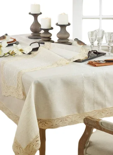 Miniatura 4 de Fennco Styles Elegante colección de manteles naturales de encaje bordado (72 x 140 pulgadas)