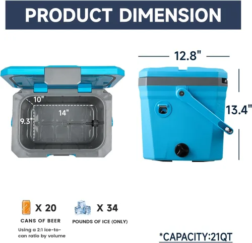 Miniatura 4 de EchoSmile Enfriador portátil aislado de 20L/21qt, enfriador duro para exteriores, caja de hielo para camping, bebidas, playa, pesca y navegación