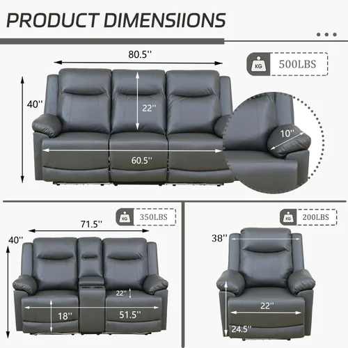 Miniatura 2 de Air Leather - Juego de sofá reclinable eléctrico con LED, juegos de muebles de sala de estar, juego de sofá reclinable eléctrico con puertos USB