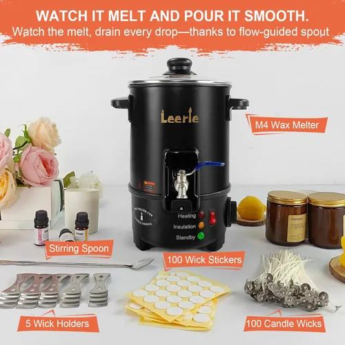 Miniatura 8 de Leerie M4 - Derretidor de cera para fabricación de velas de 8 libras, núcleo de calentamiento, boquilla de latón y control de temperatura, sin