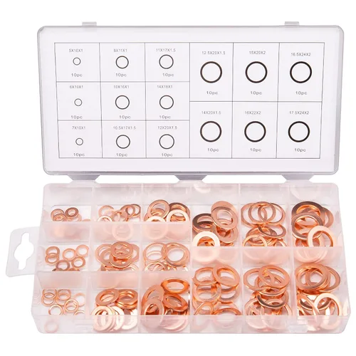 Toolwiz Juego surtido de 150 piezas de arandelas de cobre de 15 tamaños M17.5-M5, anillo plano, tapón de sumidero, arandela aplastante, tapón de