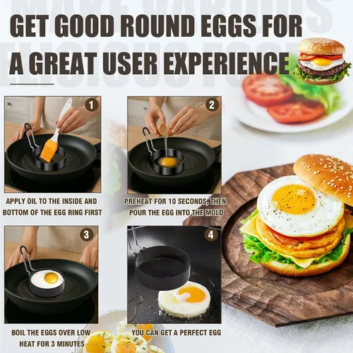 Miniatura 4 de 12 anillos de huevo para freír huevos, molde antiadherente para panqueques, molde de acero inoxidable con 4 cepillos de silicona, forma redonda