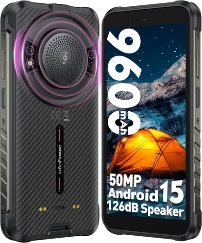 Ulefone RugKing (16 GB+128 GB) Android 15 4G Smartphone, 9600 mAh, altavoz de 126 dB, cámara de 50MP+2MP+8MP teléfono resistente de 5.99 pulgadas,
