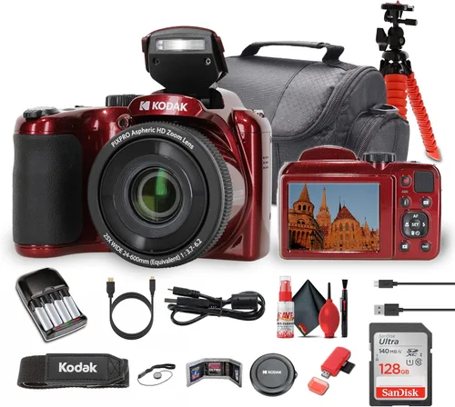 Kodak Pixpro AZ255 Cámara digital en rojo (AZ255RD) El paquete incluye: tarjeta de memoria de 128 GB, baterías recargables, funda, trípode flexible,