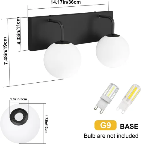 Miniatura 6 de Tipace Lámpara de tocador negra, 2 luces modernas sobre espejo con globo blanco leche blanca para baño (excluye bombilla)