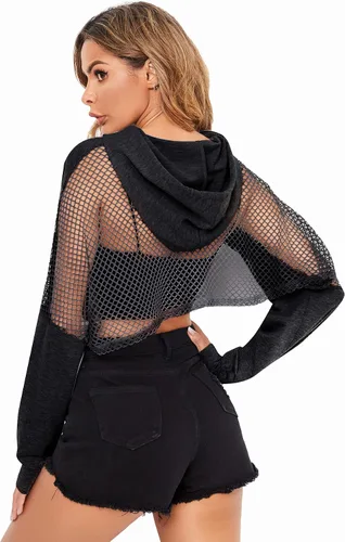 Miniatura 2 de Verdusa Sudadera corta con capucha y cordón para mujer con hombros caídos de red transparente