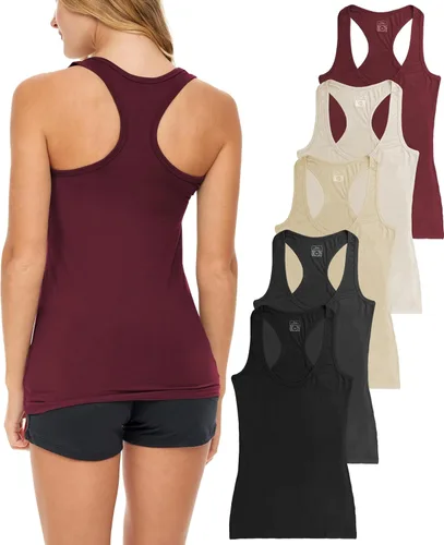 Miniatura 9 de Sexy Basics Paquete de 5 camisetas sin mangas PowerFlex con espalda nadadora para mujer / Camisetas sin mangas elásticas de algodón y elastano