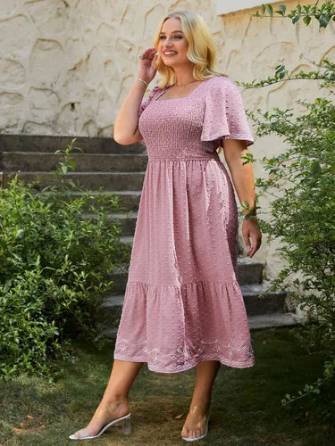 Miniatura 3 de Glamaker Vestido de Verano Casual de Manga Corta con Cuello Cuadrado Fruncido Talla Grande para Mujer Vestido Midi Suelto Línea A Vestido Largo