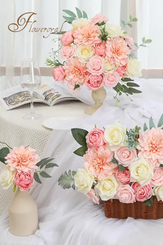 Miniatura 6 de Floweroyal Flores Artificiales Rosadas Flores de Rosa Falsas Dalia con Tallos para Ramos de Novia de Boda DIY, Baby Shower, Arreglo Floral, Centros