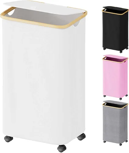 Miniatura 13 de SUOCO Cesta de lavandería con tapa, cesta de ropa de 29 galones (110L) con asas de bambú, cesta grande plegable para la ropa sucia para dormitorio