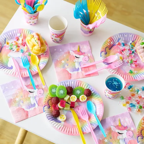 Miniatura 6 de JOYIN 145 piezas de suministros para fiesta de cumpleaños de unicornio con pancarta de unicornio para niñas, juego de vajilla desechable