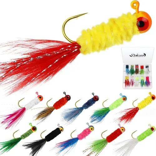 Miniatura 10 de Dovesun Jigs de Crappie, cabezas de jig con plumas atadas a mano Jigs de Marabou Ice Señuelos de pesca con mosca 10 colores 1/32 oz 1/16 oz 1/8 oz
