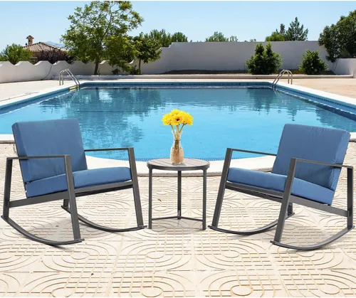 Miniatura 8 de AQUILLA Juego de 3 mecedoras de patio para exteriores, muebles de exterior con marco de metal, mesa redonda de vidrio templado, cojines gruesos