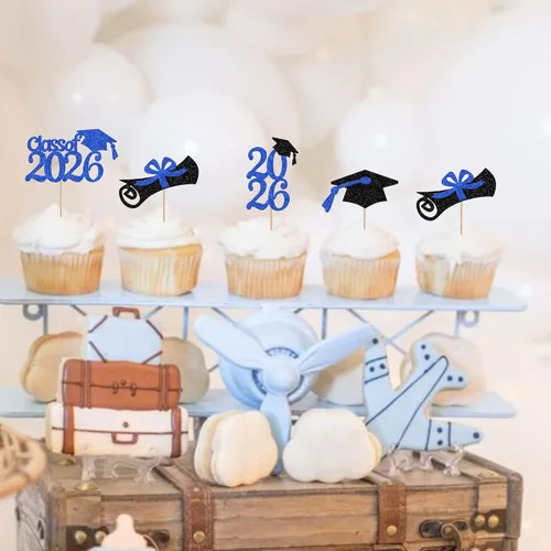 Miniatura 5 de Rsstarxi Paquete de 24 adornos para cupcakes de graduación 2026, con purpurina azul, para la clase de 2026, para diplomas, 24 piezas (6 diseños)