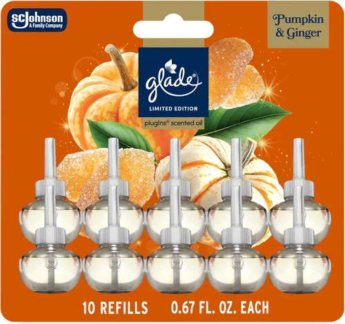 Glade PlugIns - Recambios de ambientador, calabaza y jengibre, aceites esenciales y perfumados para el hogar y el baño, 0.67 onzas líquidas, 10