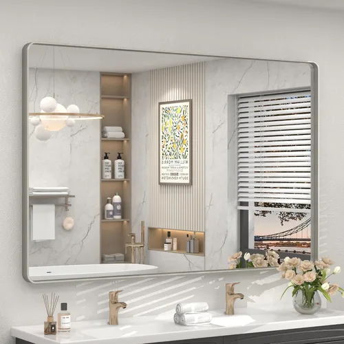 Miniatura 133 de Paquete de 2 espejos de baño con marco de metal negro de 22 x 30 pulgadas, espejo rectangular redondeado negro mate, antioxidante, se cuelga