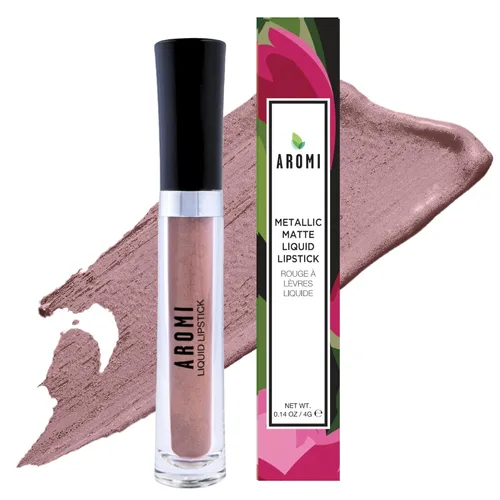 Aromi Lápiz labial líquido metálico | A prueba de manchas y de larga duración, marrón claro, color de labios tostado con acabado brillante, vegano,
