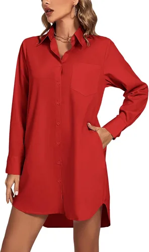 Miniatura 12 de LYANER Vestido camisero para mujer con cuello en V, botones, manga larga y dobladillo curvado