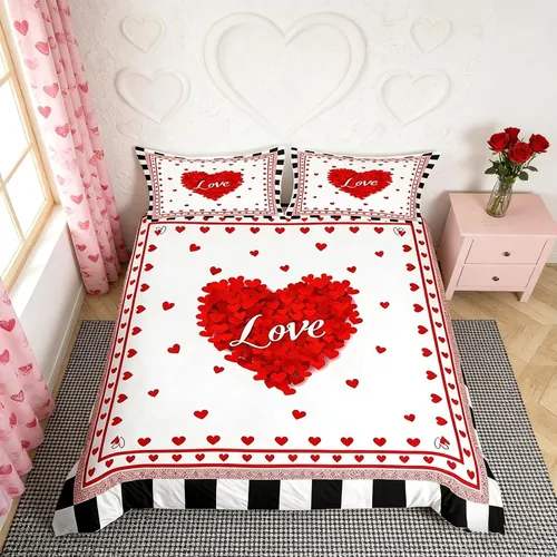 Manfei Juego de funda de edredón de amor tamaño individual, funda de edredón con estampado de corazón rojo con 1 funda de almohada, juego de ropa de