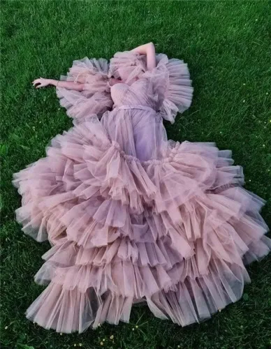 Miniatura 8 de Vestidos de maternidad de tul hinchado con volantes para sesión de fotos, hombros descubiertos, lencería nupcial, baby shower, bata de embarazo
