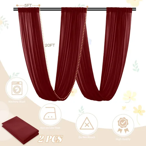 Miniatura 4 de FUHSY Cortinas de techo para arco de boda, tela drapeada, tela de gasa, cortinas de gasa burdeos para telón de fondo, 5 x 20 pies, 2 paneles