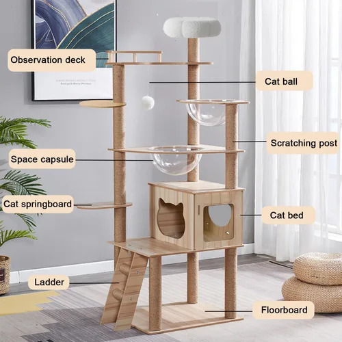 Miniatura 3 de Árbol de gato de 67 pulgadas para gatos de interior y adultos, torre de árbol para gatos con condominio, escaleras para gatos, 2 cuencos, 14 postes