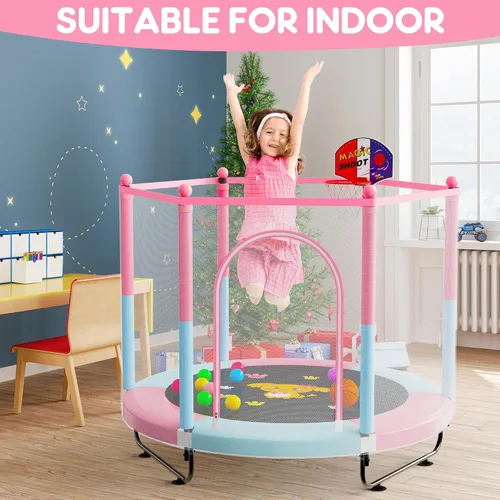 Miniatura 5 de VGMiu Trampolín de 60 pulgadas para niños, cama elástica de 5 pies para interiores y exteriores con aro de baloncesto, recinto de seguridad, regalos