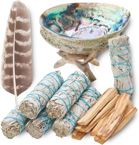 Kit de manchas de salvia ~ 6 paquetes de salvia blanca de 4 pulgadas ~ 6 palitos de Palo Santo de 4 pulgadas ~ Carcasa de abulón de 5-6 pulgadas y