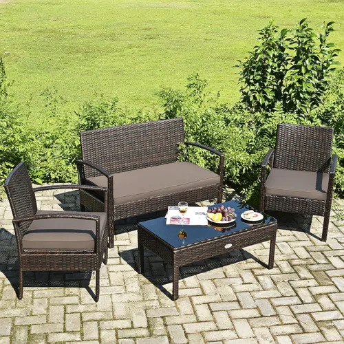 Juego de 4 muebles de patio para exteriores, juego de sofá de mimbre con cojín marrón oscuro resistente al agua y mesa de vidrio templado para patio