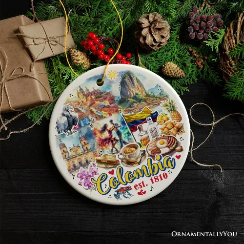 Miniatura 6 de Colorido adorno navideño de cultura y monumentos de Colombia, regalo del patrimonio latinoamericano y recuerdo de Bogotá (círculo - versión 2)