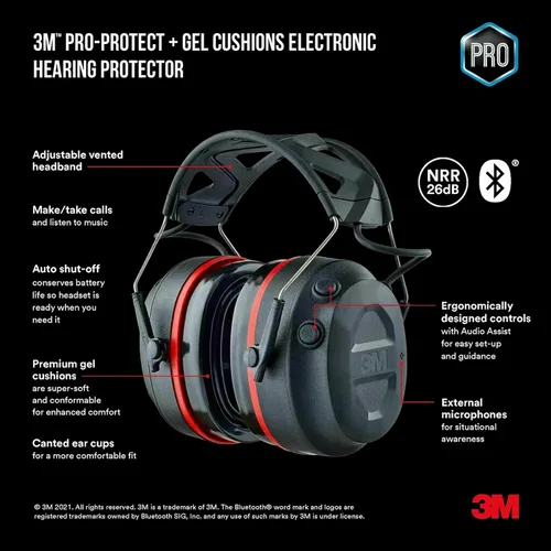 Miniatura 3 de 3M Pro-Protect + Cojines de Gel - Protector auditivo electrónico, clasificación de reducción de ruido (NRR) de 26 dB, orejeras Bluetooth, altavoces