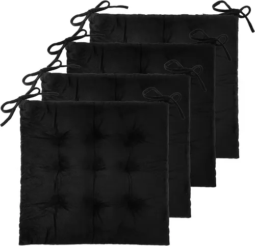 Paquete de 4 cojines para sillas de comedor, oficina, cocina, 19 x 19 pulgadas, cojines para sillas y cojines cómodos con lazos (terciopelo negro)