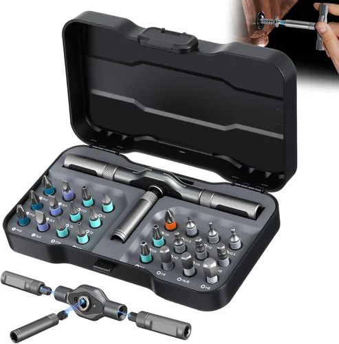 Juego de destornilladores magnéticos 24 en 1, kit de reparación profesional de múltiples puntas con mango en T desmontable y funda portátil para