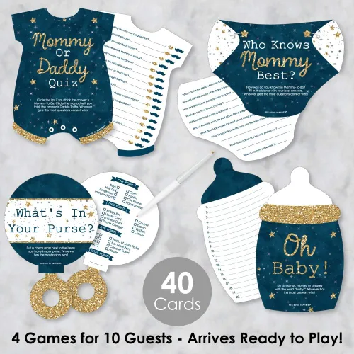 Miniatura 2 de Big Dot of Happiness Baby Boy - 4 juegos azules para baby shower - 10 cartas cada uno - Quién sabe mejor a mami, cuestionario de mamá o papá, qué