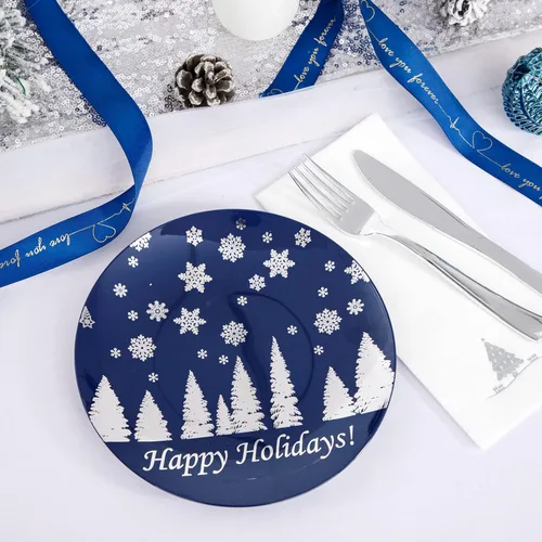 Miniatura 5 de Hioasis 175 piezas de platos de plástico para Navidad - Platos desechables de plástico azul y plateado incluyen 25 platos para cenar, 25 platos