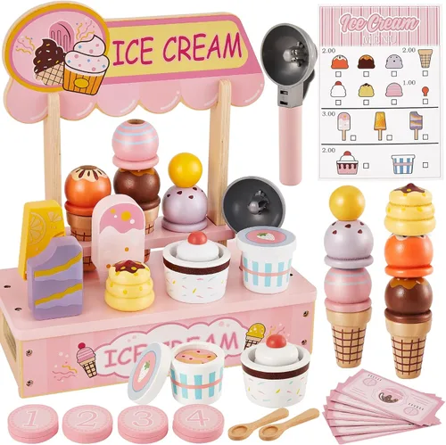 HERSITY - Mostrador de Helado de Madera para Juego Simulado de Comida para Niños de 3 a 5 años, Juego de Tienda de Helados y Paleta de Juguete para
