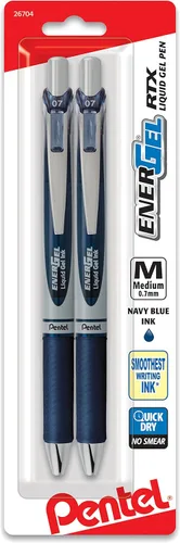 Pentel EnerGel RTX - Bolígrafo de gel líquido retráctil (¹/₃₂ pulgadas), punta de metal, línea mediana, tinta azul marino, paquete de 2 unidades