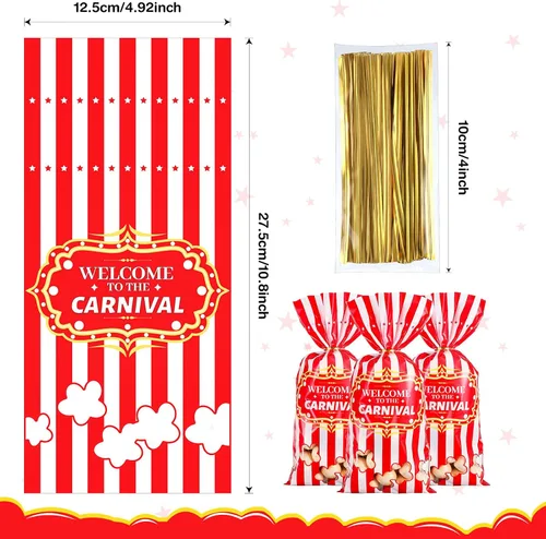 Miniatura 2 de Epakh Paquete de 200 bolsas de dulces de carnaval, con temática de circo, bolsas de plástico para fiestas con patrón de palomitas de maíz y lazos