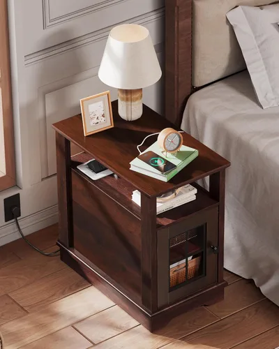 Miniatura 6 de WLIVE Mesa auxiliar de estilo granja con estación de carga, mesa lateral estrecha con almacenamiento, mesita de noche pequeña con puertos USB