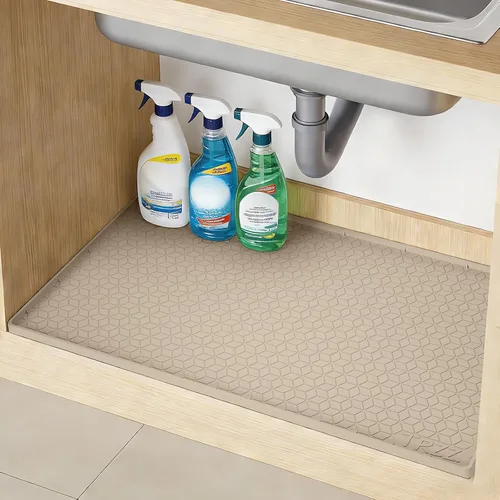 Miniatura 13 de TRZZ Tapete de silicona impermeable para debajo del fregadero de 34 x 22 pulgadas, bandeja de goteo y forro de gabinete para cocina y baño, evita