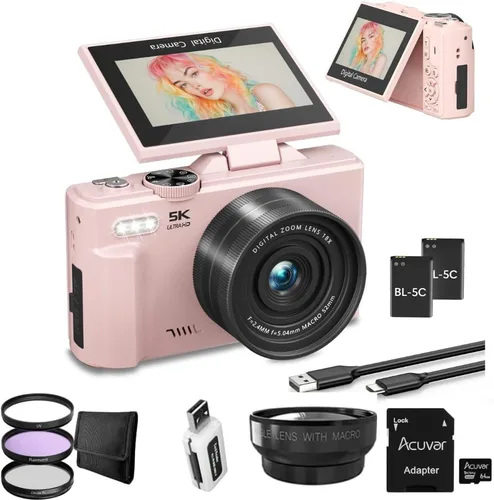 Cámara digital 4K/5K para fotografía y video – Cámara de videoblogs UHD con WiFi, enfoque automático, pantalla giratoria de 3", zoom 18X – Kit Rosa