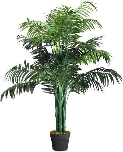 Goplus Palmera artificial, planta tropical de vegetación falsa en maceta de 3.5 pies de alto, árbol de suelo sintético para decoración de interiores